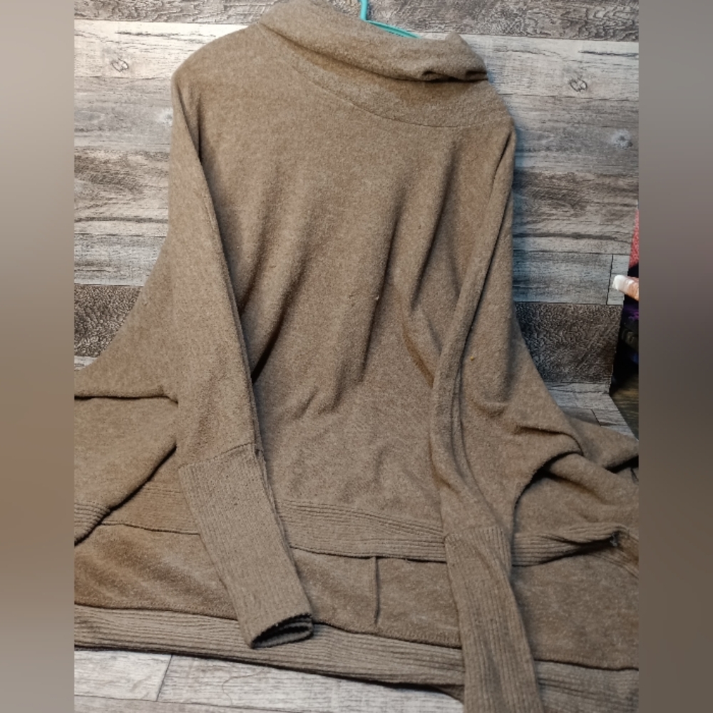 "Zenana Mocha Cowl Neck Oversized Poncho Sweater - Size Large"
